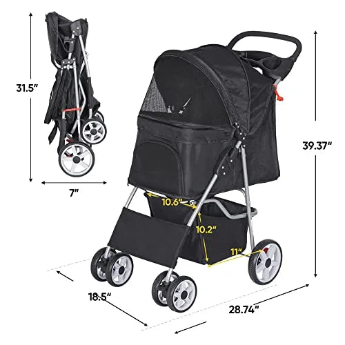 BBBuy 4 Wheels Foldable Pet Dog Cat Jogger Stroller Travel Carrier Strolling Cart w/Waterproof Cover Storage Basket Cup Holder & Removable Liner for Medium Small Cat Dog, Black - Image 3